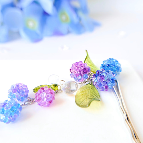 リボンヘアピン 紫陽花 髪飾り 3本セット Uピン 紫陽花 浴衣 和装 着物 ハイドレンジア