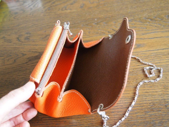 sale! ジャバラ財布 オレンジ 手縫い  手提げチェーンつき 3枚目の画像