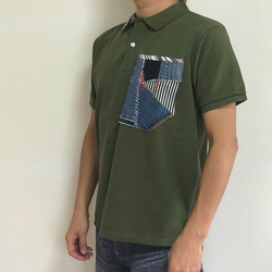 【送料無料】デニム リメイク ハンドメイド リサイクルコットン ポロシャツ カーキ M/ L/ L L 1枚目の画像