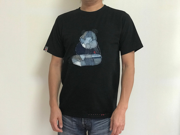 【送料無料】デニム リメイク ハンドメイド リサイクルコットン Tシャツ ブラック M/ L/ L L 1枚目の画像