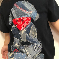 【送料無料】デニム リメイク ハンドメイド キッズ110cmTシャツ サンプル×ワンちゃんモチーフ 3枚目の画像