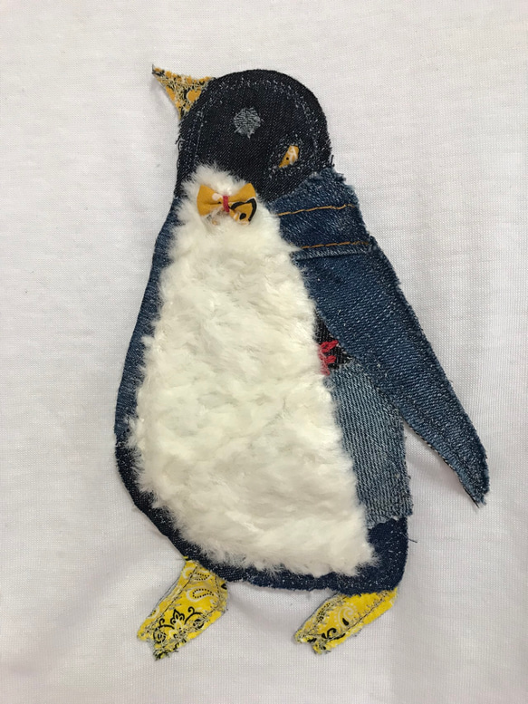 【送料無料】デニム リメイク ハンドメイド キッズ 110cmTシャツ サンプル×ペンギンモチーフ 4枚目の画像