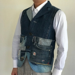 送料無料】デニム リメイク ハンドメイド 襟付きベスト180219 その他
