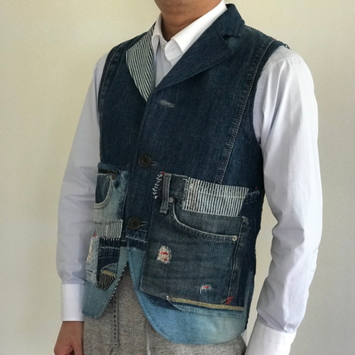大島リメイク襟付きベスト 着物リメイク リバーシブルベスト 大島紬 扇面草花文様× 森林文様
