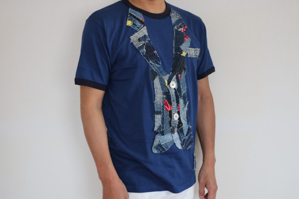 【送料無料】デニム リメイク ハンドメイド T/C半袖Tシャツ180503 2枚目の画像