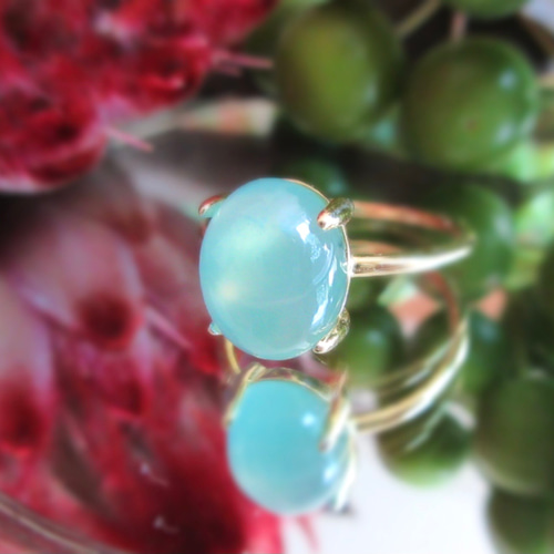 希少石】大粒10mm×8mm「アクアプレーズ」オーバルカボションリング