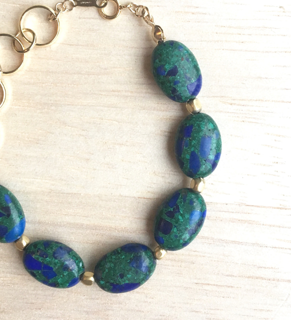 14kgf/Azurmalachite × brass beads swing bracelet 5枚目の画像