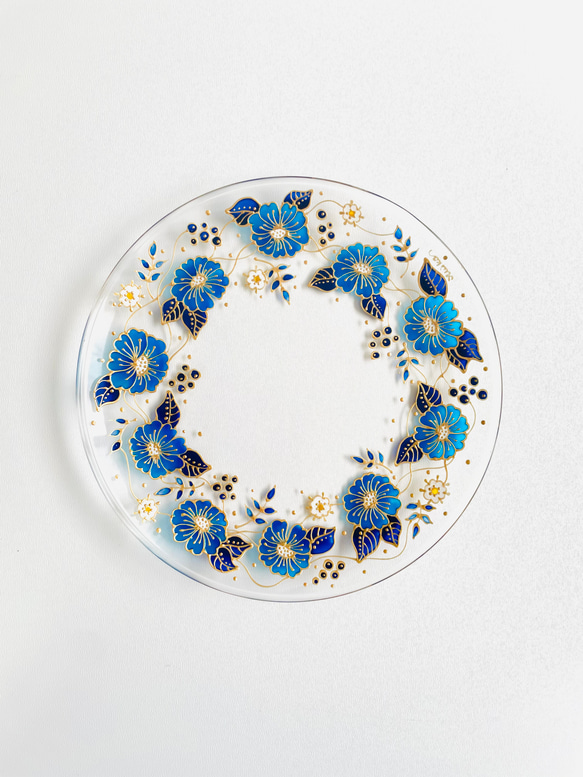 青の花　ガラス皿　21センチ 3枚目の画像