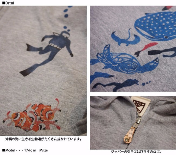 ジップアップパーカー 命の宝　ジュゴン・ジンベイザメ・ウミガメ 3枚目の画像