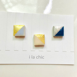 【みず＊きなり＊こん】　バイカラースクエア美濃焼タイル　ノンホールピアス（ピアス可） 1枚目の画像