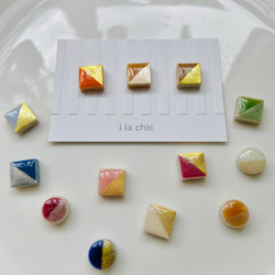 【みず＊きなり＊こん】　バイカラースクエア美濃焼タイル　ノンホールピアス（ピアス可） 2枚目の画像