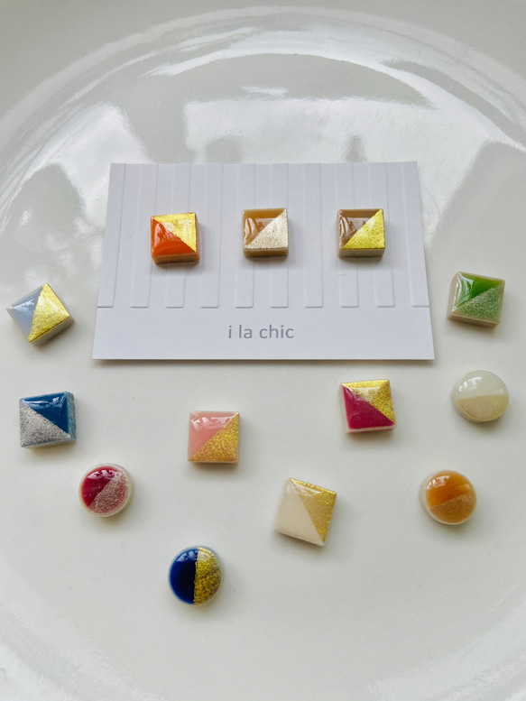 【みず＊きなり＊こん】　バイカラースクエア美濃焼タイル　ノンホールピアス（ピアス可） 2枚目の画像