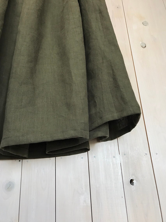【 オトナのリネン 】国産リネン100％   ロングギャザースカート ☆ カーキ 4枚目の画像