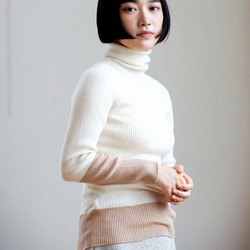 Organic Cotton無縫製バイカラーリブタートルセーター ニット