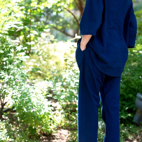 藍染　コットンパンツ 藍染 メンズコットンワイドパンツ-Rustaku