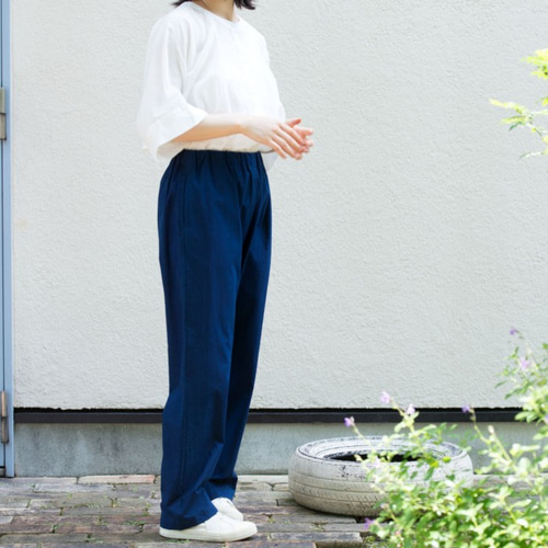Organic Cotton 藍染ポプリン生地のギャザーパンツ【両脇