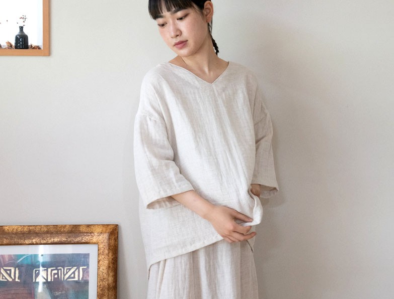Organiccotton＆Linenガーゼ  Ｖネックゆったりプルオーバー