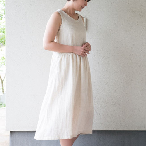 Organic Cottonノースリーブギャザーワンピース【リネン混W