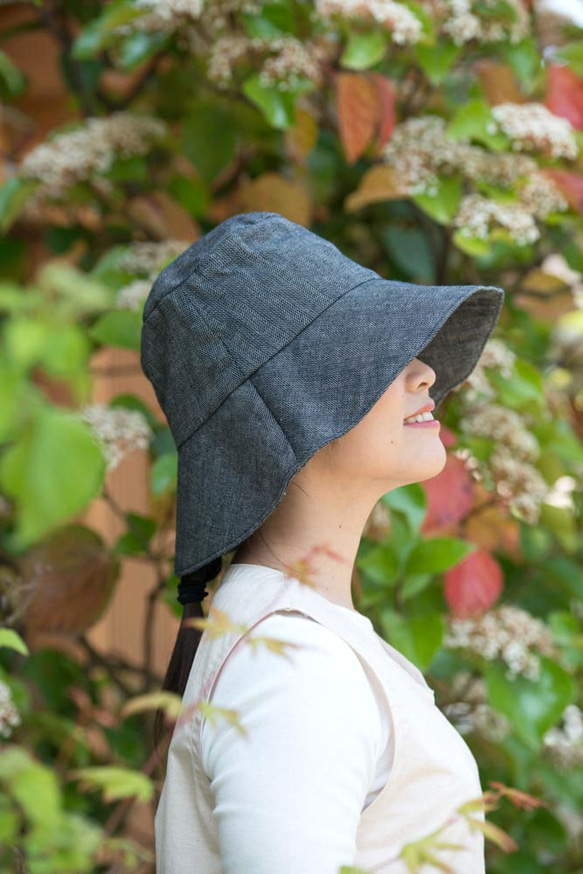 太陽帽【亞麻棉、人字紋面料/藏青】 第1張的照片
