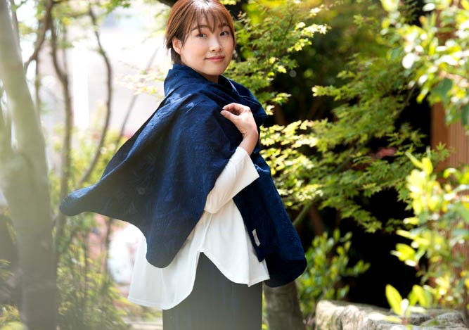 Organic Cotton 藍染　ストール【ボタニカル織り柄】