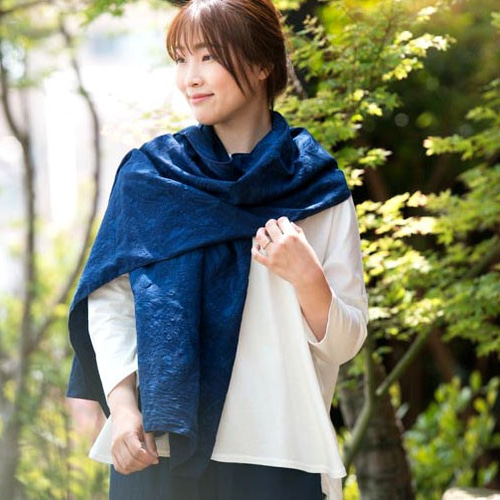 Organic Cotton 藍染 ストール【ボタニカル織り柄】 マフラー