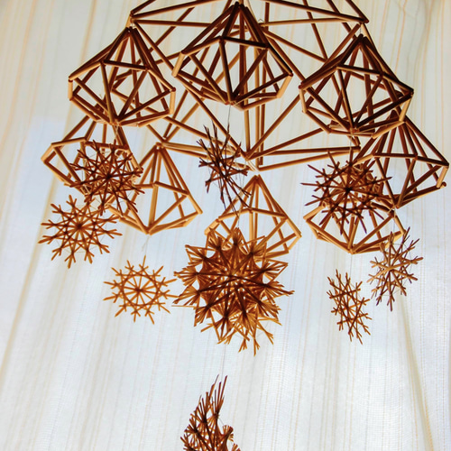 大型ヒンメリ✳︎キャラメルブラウン✳︎ビッグスターボール・ウィンドチャイム 麦藁のスターヒンメリ (太陽・月・めぐる惑星) モビール Forest