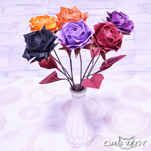 本物 ハロウィンカラーの薔薇の花束（折り紙の薔薇の花） アート チャーム