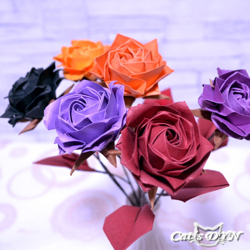 ハロウィンカラーの薔薇の花束（折り紙の薔薇の花） アート
