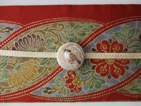 稲穂と雀の帯留め　絹　日本刺繍 6枚目の画像