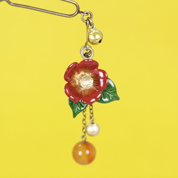 ミニかんざし（黄銅製）椿　カーネリアン付／つばき・ツバキ