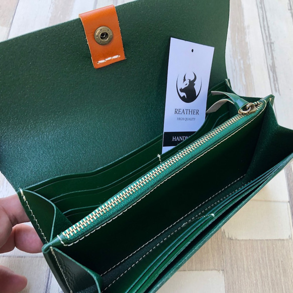 クラフト Craft グリーン レザー 財布 メンズ レディース 本革 かぶせ蓋 長財布 二つ折り 4枚目の画像