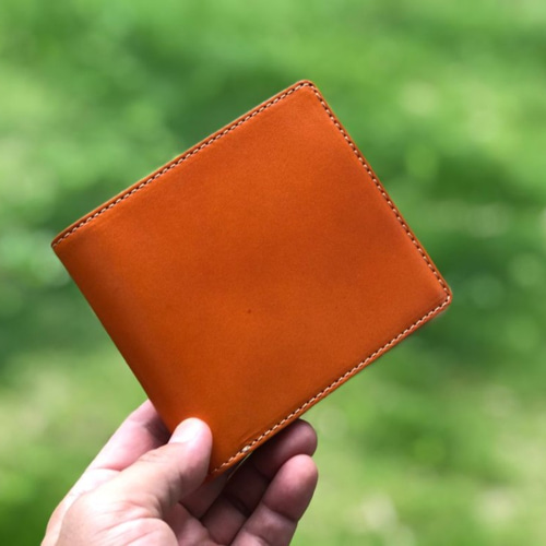 Rotar オレンジレザー二つ折り財布 シュリンクレザー ゴールドファスナー ボタン閉じ 二つ折り財布