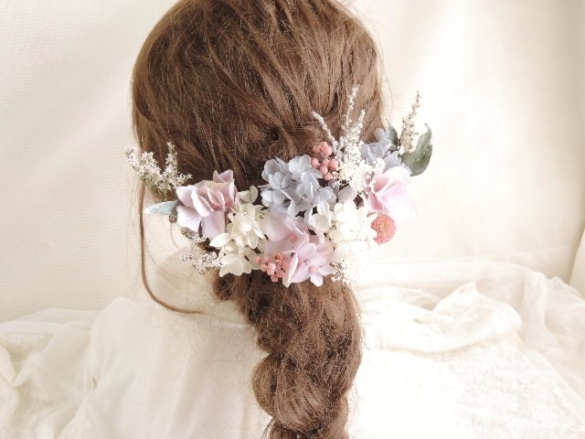 くすみピンクとラベンダーのやさしいヘッドドレス　フォトウェディング　ヘッドパーツ　結婚式　成人式　卒業式　髪飾り　袴