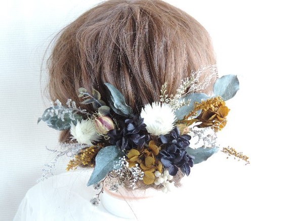 ブラックイエローの大人なヘッドドレス　　フォトウエディング　結婚式　黒　黄色　成人式　卒業式　ドライ　プリザーブドフラワ