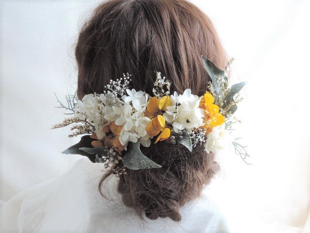 R2-ｋ　ドライフラワー　フォトウェディング　成人式髪飾り　卒業式髪飾り　成人式　卒業式　袴　振袖　黄色　イエロー