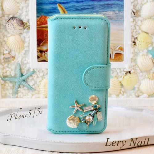 iPhoneSE2あり【iPhone】ターコイズブルー☆シェル&スターフィッシュ