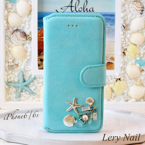iPhoneSE2あり【iPhone】ターコイズブルー☆シェル&スターフィッシュ