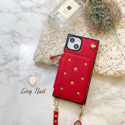 金色星星鉚釘☆長度可調節肩帶肩帶包括 IC 卡配件盒 iPhone 手機殼紅色 第1張的照片