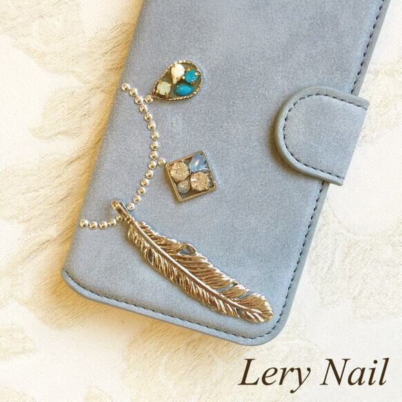 iPhoneXs Compatible [iPhone] Blue Grey Bohemian ☆ Silver Feather 第1張的照片