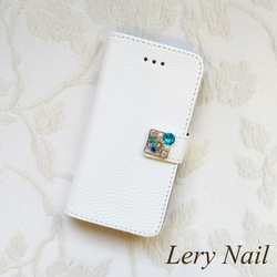 【iPhone5/5s SE】ハートパールビジュー♡アクアマリン☆ピュアホワイト大人可愛い手帳型iPhoneケース 2枚目の画像