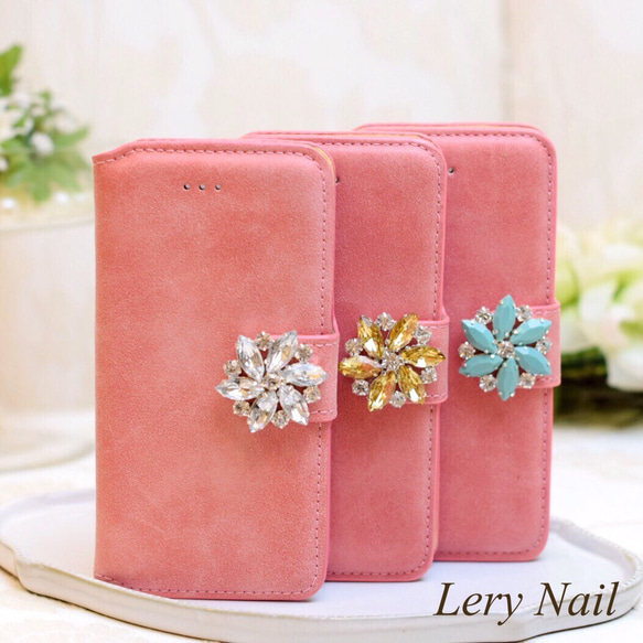 [iPhone] Glittering Flower Bijou☆DAISY Coral Pink Suede Notebook 第1張的照片