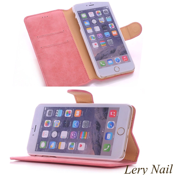 【iPhone】パールLoveマーガレットビジュー♡ローズクォーツ♡コーラルピンクスエード調手帳型 5枚目の画像