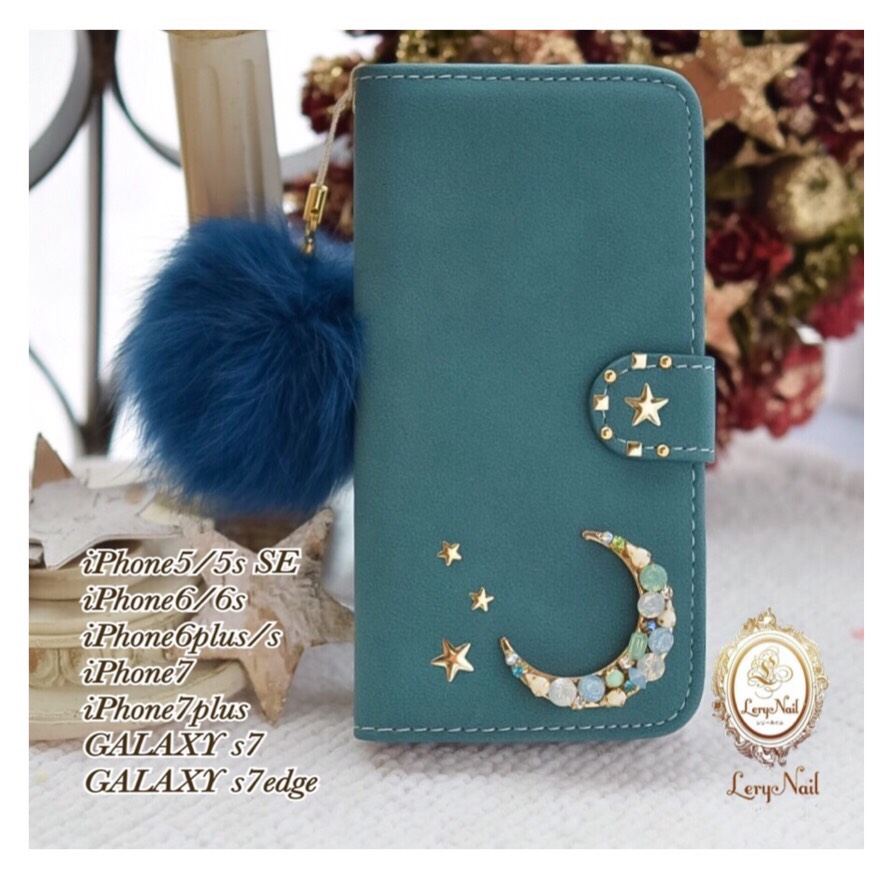 【iPhone・Galaxy・Xperia】お月様煌めくmoonゴールドスター☆ミンクファー付きグリーン調手帳型ケース