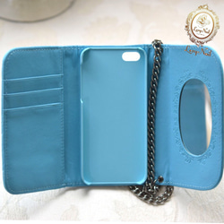 【iPhone5/5s SE】淺藍☆附肩背鍊iPhone手帳型手機殼 第5張的照片