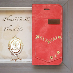【iPhone】金星鉚釘☆復古風格紅色牛仔風格筆記本式錶殼 第2張的照片