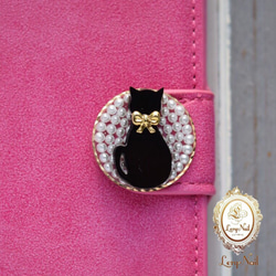 [iPhone6 / 6s]貓圖案黑貓珍珠寶石珠寶洋紅色粉紅色麂皮絨筆記本型皮套 第3張的照片
