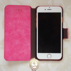 [iPhone6 / 6s]貓圖案黑貓珍珠寶石珠寶洋紅色粉紅色麂皮絨筆記本型皮套 第5張的照片