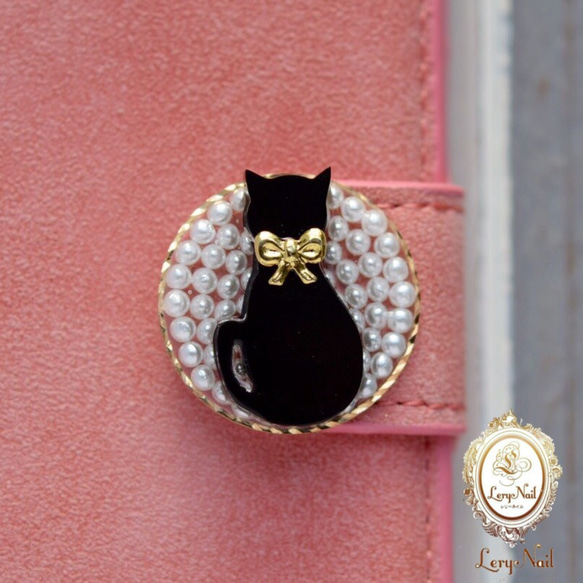 [iPhone] 貓主題☆黑貓珍珠珠寶♡珊瑚粉色麂皮風格筆記本型案例 第3張的照片