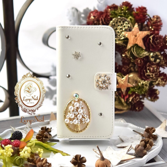 クリスマス限定【iPhone7・6/6s・5/5s SE】煌めくパールツリー雪の結晶ビジュー☆ホワイト手帳型ラッピング付 3枚目の画像