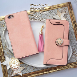 SALE☆50%OFF【iPhone5/5s・SE 】パールお星様ビジュー☆ベビーピンク手帳型タッセル付き 2枚目の画像